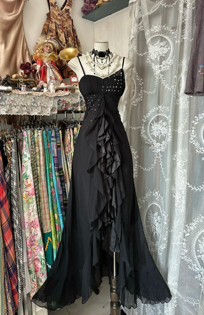 Elegant Black Spaghetti Strap Mermaid Chiffon Prom Dress ED01788