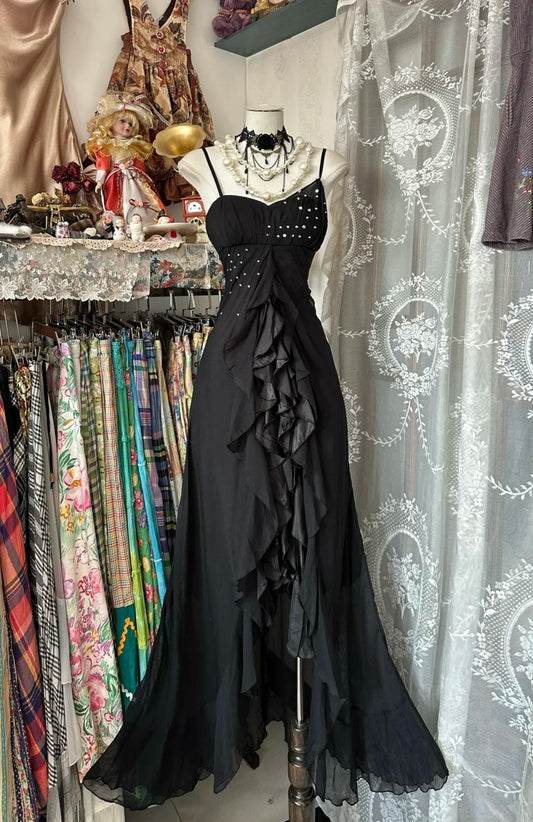 Elegant Black Spaghetti Strap Mermaid Chiffon Prom Dress ED01788