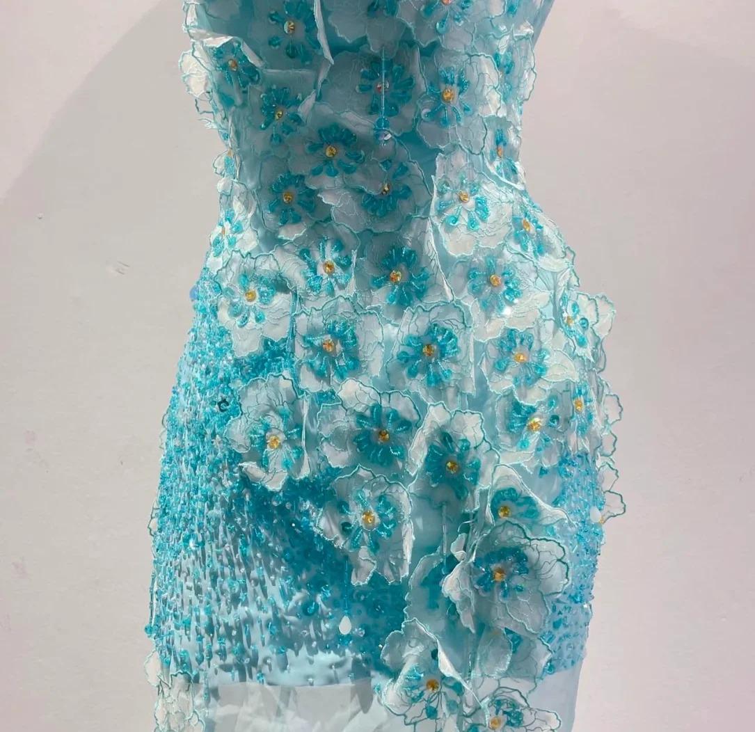 Ice Blue Ombre Mermaid Strapless Chiffon Long Wedding Dress with Appliques and Beading Formal Prom Dress ED01789