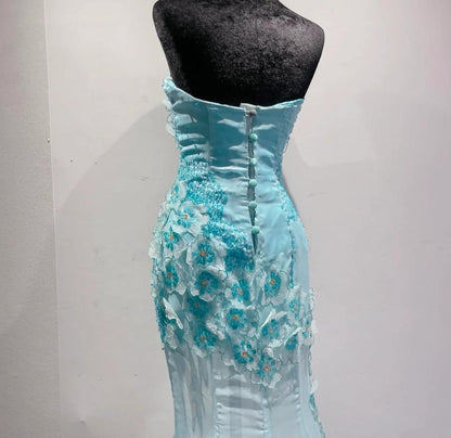 Ice Blue Ombre Mermaid Strapless Chiffon Long Wedding Dress with Appliques and Beading Formal Prom Dress ED01789