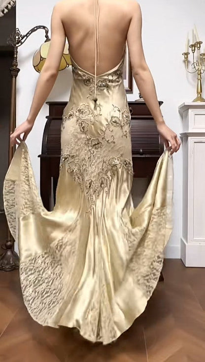 Gold Mermaid Halter Satin Beaded Applique Prom Dress ED01790