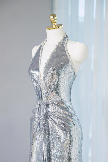 Silver Sequins Sheath V-Neck Long Prom Dress Shiny Evening Dress ED01793