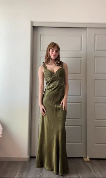 Olive Green Mermaid Spaghetti Straps Satin Beaded Long Prom Dress Evening Dress ED01795