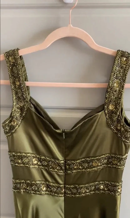 Olive Green Mermaid Spaghetti Straps Satin Beaded Long Prom Dress Evening Dress ED01795