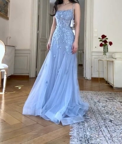 Blue Tulle A-Line Spaghetti Strap Appliqué Long Prom Dress Evening Dress ED01799