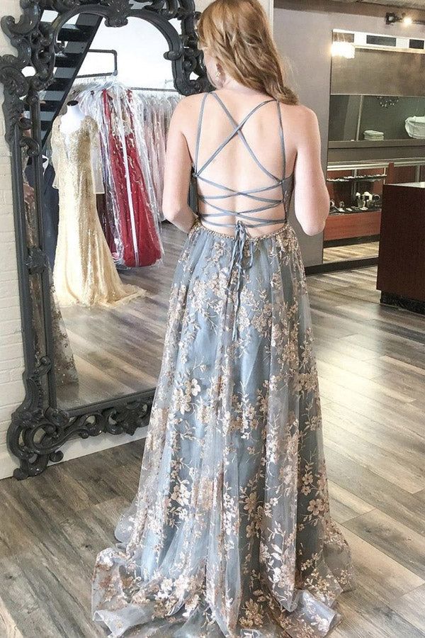 Grey A-Line Spaghetti Strap Tulle Long Prom Dress Sequins Evening Gown with Slits ED01800