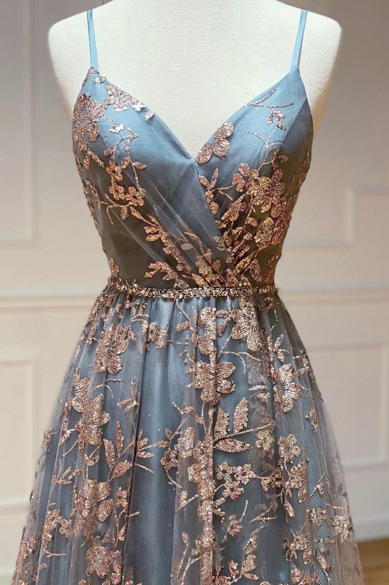 Grey A-Line Spaghetti Strap Tulle Long Prom Dress Sequins Evening Gown with Slits ED01800