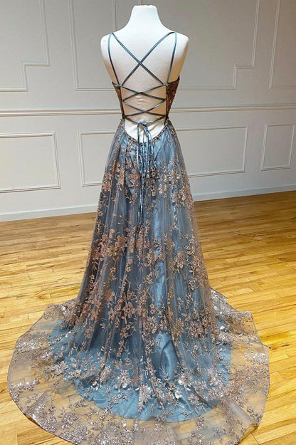 Grey A-Line Spaghetti Strap Tulle Long Prom Dress Sequins Evening Gown with Slits ED01800