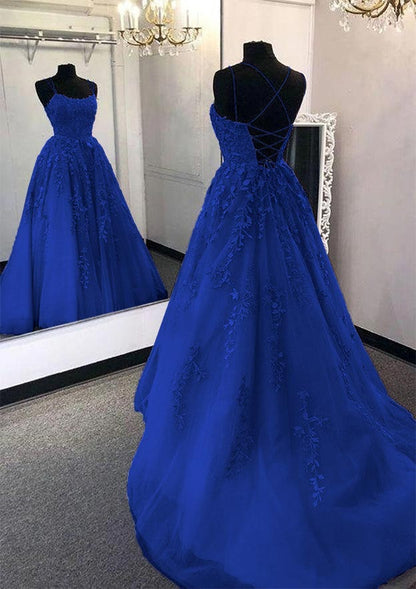 Sage Green A-Line Spaghetti Strap Tulle Applique Long Prom Dress ED01801