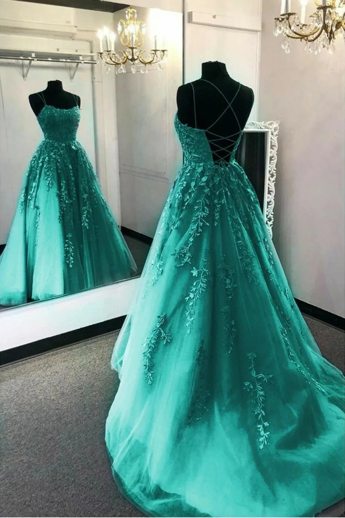 Sage Green A-Line Spaghetti Strap Tulle Applique Long Prom Dress ED01801
