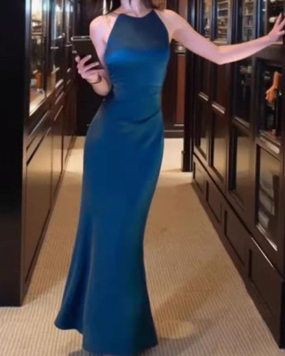 Off-white satin halter neck dress birthday engagement dress ED01802