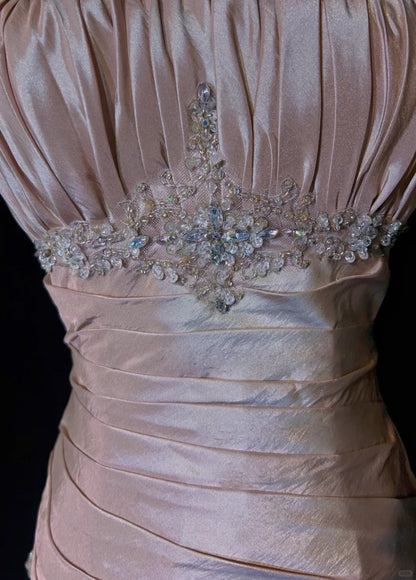 🩷Gentle Pink Mermaid Evening Dress Spaghetti Straps Satin  Layered Pleated Prom Dress with Beading ED01805