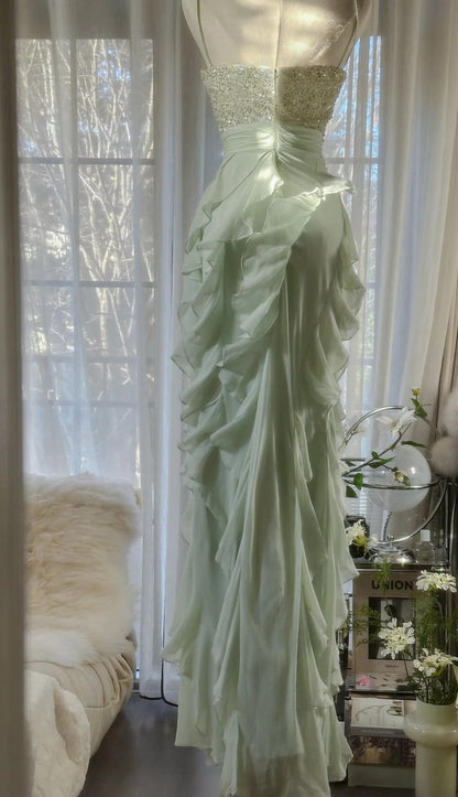 Chiffon Sheath Spaghetti Strap Ruffled Prom Dress with Beading Evening Dress ED01806