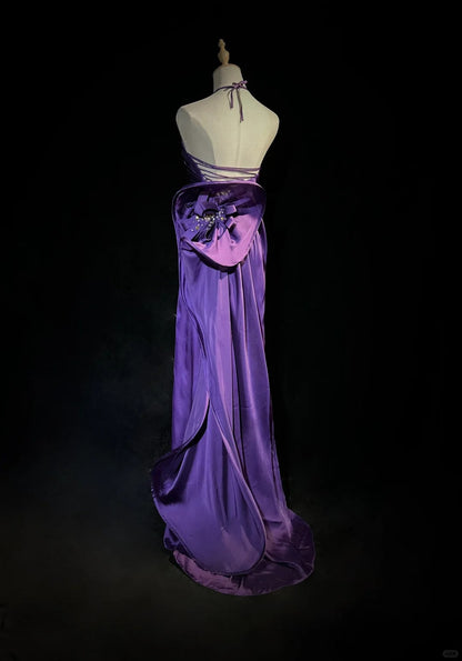 Purple Spaghetti Strap Satin Prom Dress Backless Evening Gown ED01807