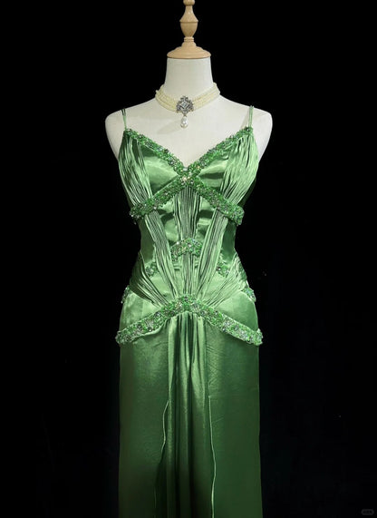 Green Spaghetti Strap Sheath Satin Beaded Prom Dress Evening Gown ED01808