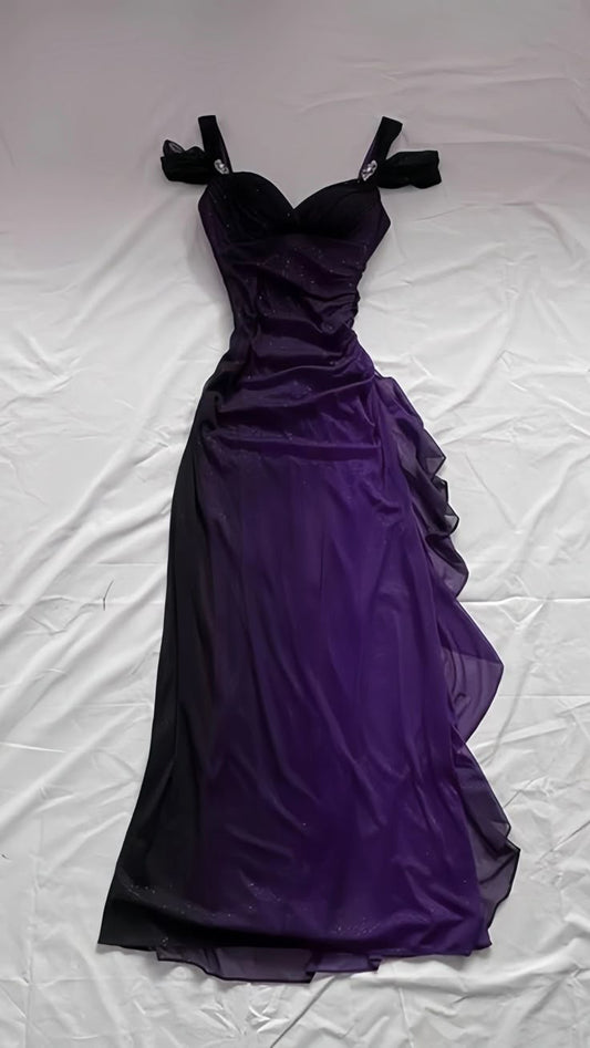 💜Elegant Royal Purple  Prom Dress💃y2k Glitter Ruffled Chiffon Sheath for Party or Birthday ED01815