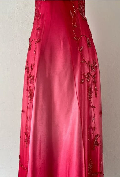 Gorgeous Spaghetti Straps Vintage Beading Applique Gradient Blue Sleeveless Long Graduation Prom Dress  Birthday Dress ED01816