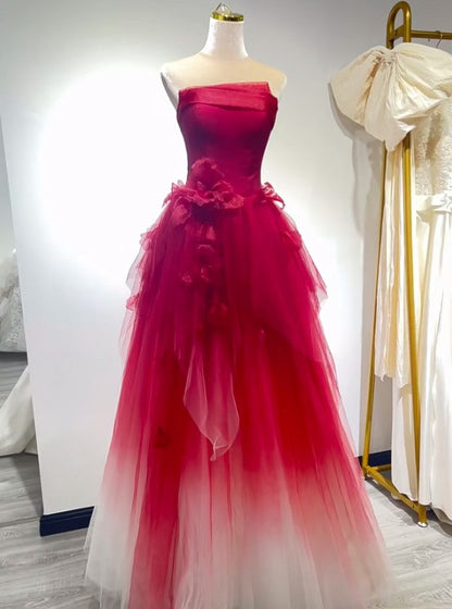 Cute Gradient Tulle Strapless A-Line Long Wedding Dress Evening Ball Gown ED01819