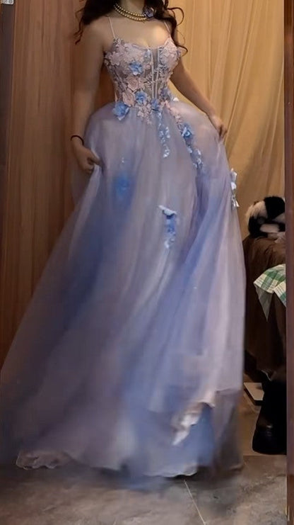 Backless A-Line Spaghetti Strap Tulle Applique Long Prom Dress Sweet Evening Dress ED01824