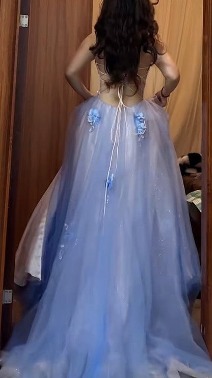 Backless A-Line Spaghetti Strap Tulle Applique Long Prom Dress Sweet Evening Dress ED01824