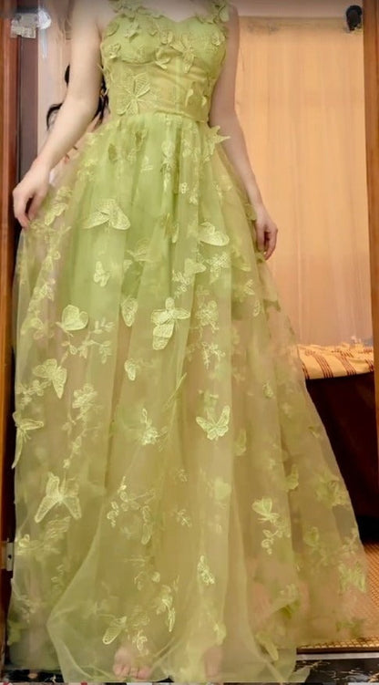 Sweet Green A-Line Tulle Embroidered Butterfly Long Prom Dress Adult Ceremony Birthday Dress Graduation Prom Dress ED01826