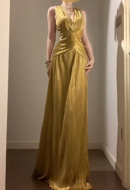 Temperament Golden V-neck Long Prom Dress Birthday Party Dress ED01830