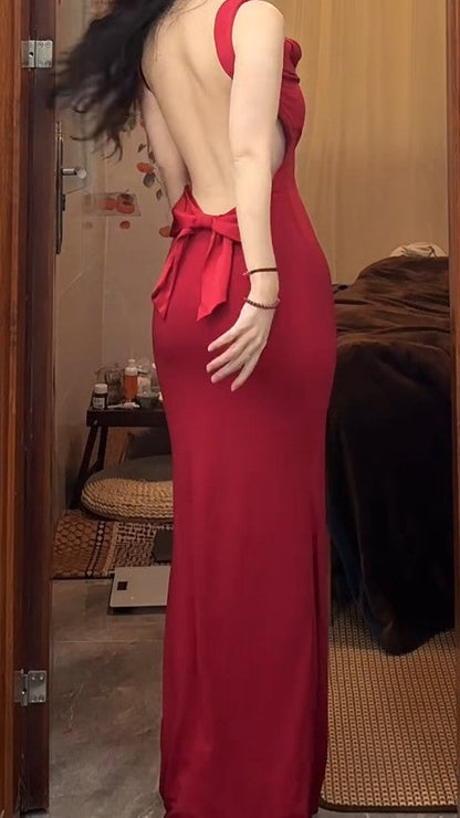 Red Spaghetti Strap Satin Backless Long Bodycon Dress Ball Evening Dress ED01832