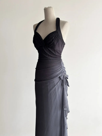 Sparkling Gradient Dark Gray Halter Neck Ruffle Sheath Prom Dress Birthday Dress ED01851