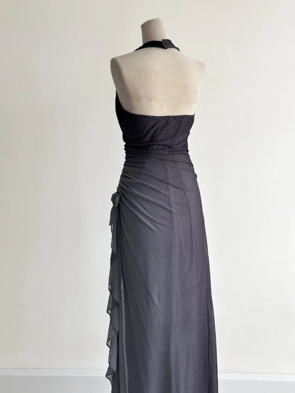 Sparkling Gradient Dark Gray Halter Neck Ruffle Sheath Prom Dress Birthday Dress ED01851