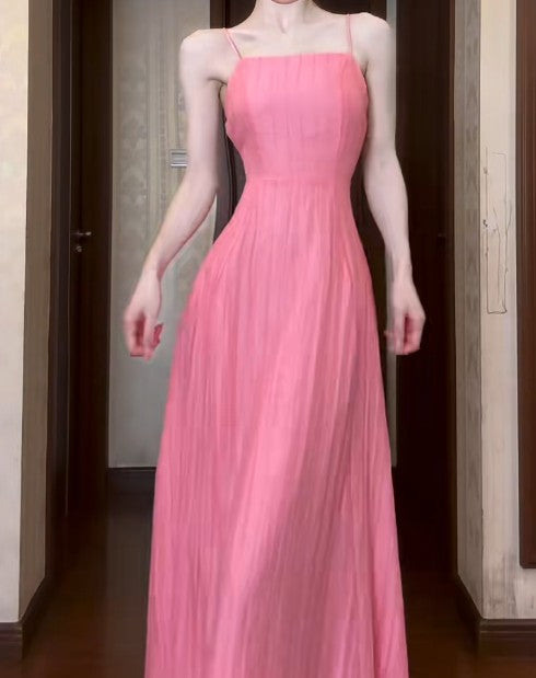 Cute Pink A-Line Chiffon Spaghetti Strap Backless Long Prom Dress Party Dress ED01852