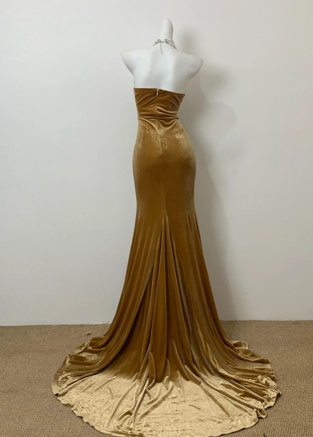 Elegant Mermaid Sweetheart Neck Velvet Long Prom Dress Strapless Formal Evening Gown ED01858