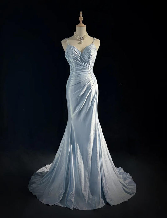 Beautiful Spaghetti Strap Mermaid Glitter Satin Long Prom Backless Applique Evening Gown Simple Wedding Dress ED01863