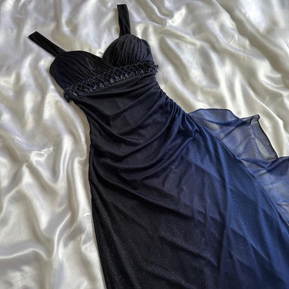 Vintage Gradient Navy Blue👗 Sweetheart Prom Dress - Romantic Glitter✨Chiffon Ruffled Party Dress for Birthday&Graduation&Quinceanera ED01911