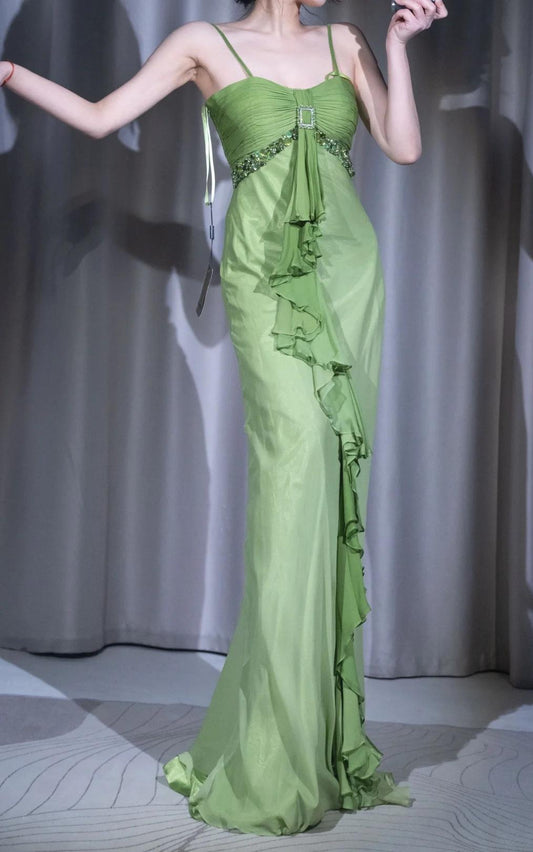 🌟 Vintage-Inspired Green Evening Mermaid Gown – Gentle Flowy Chiffon Ruffled & Beading Prom Dress for Birthday, Party** ED01916
