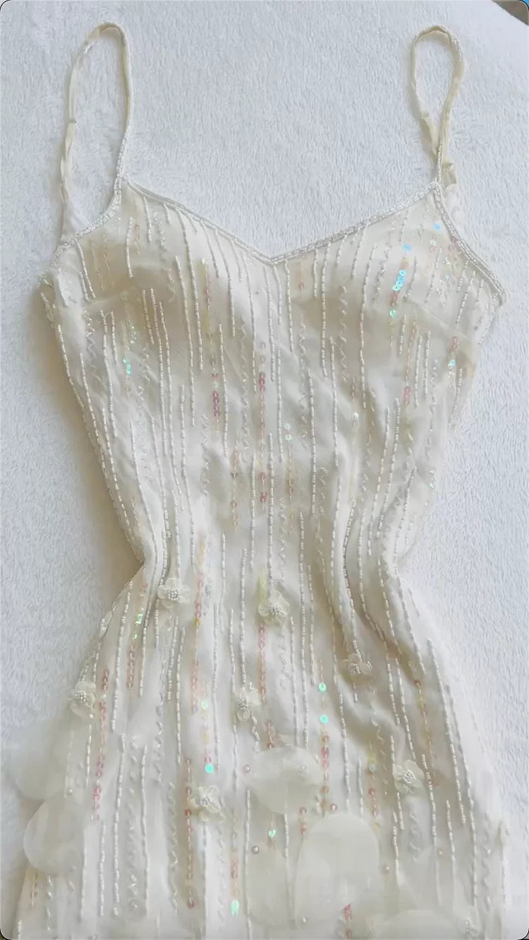 🤍 Retro Glam Mermaid Gown – Sparkling 💍Beaded,Sequins White Chiffon Prom Dress for Formal Events & Weddings**ED01917