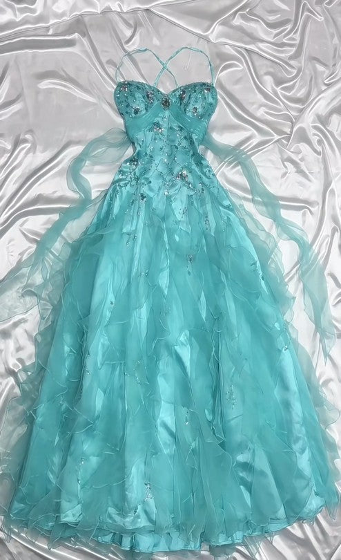 👑 1950s Inspired Baby Princess Blue Prom Dress - Shimmering Sequins Tulle & Satin Ballgown for Formal Events ED01932