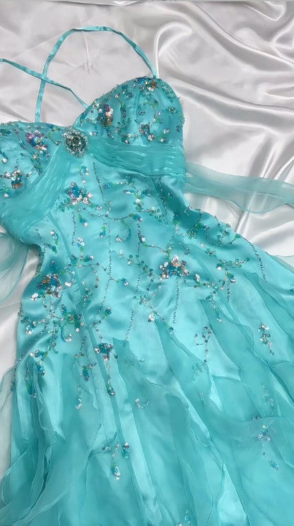 👑 1950s Inspired Baby Princess Blue Prom Dress - Shimmering Sequins Tulle & Satin Ballgown for Formal Events ED01932