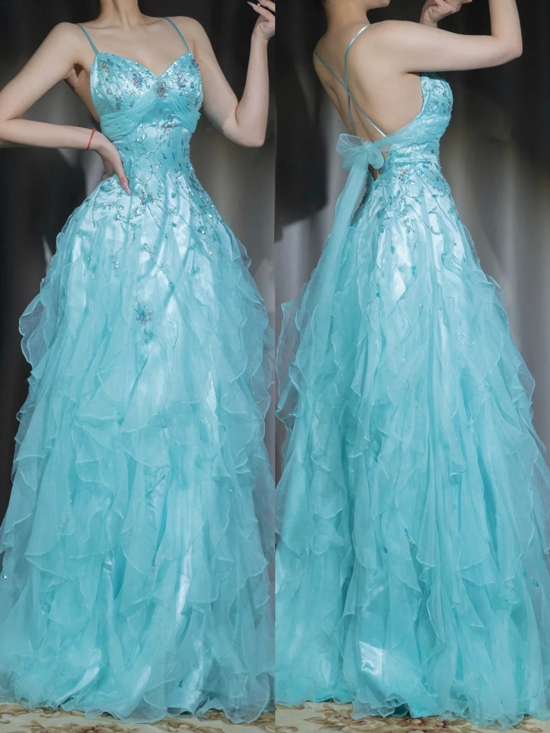 👑 1950s Inspired Baby Princess Blue Prom Dress - Shimmering Sequins Tulle & Satin Ballgown for Formal Events ED01932