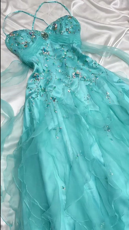 👑 1950s Inspired Baby Princess Blue Prom Dress - Shimmering Sequins Tulle & Satin Ballgown for Formal Events ED01932