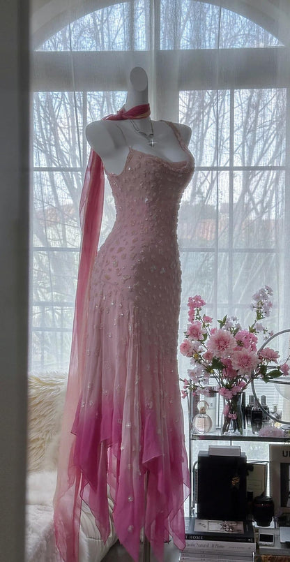 🌟 Cinderella Pink A-Line Evening Gown - Iridescent Beaded Tulle with Soft Chiffon Layers for Sweet 16 ED01933