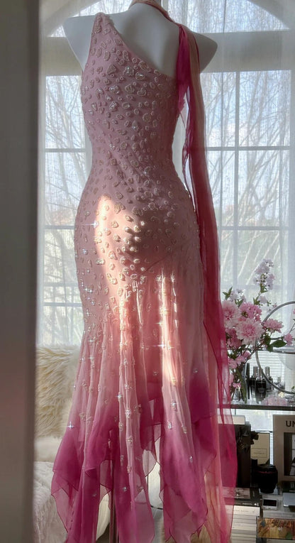 🌟 Cinderella Pink A-Line Evening Gown - Iridescent Beaded Tulle with Soft Chiffon Layers for Sweet 16 ED01933