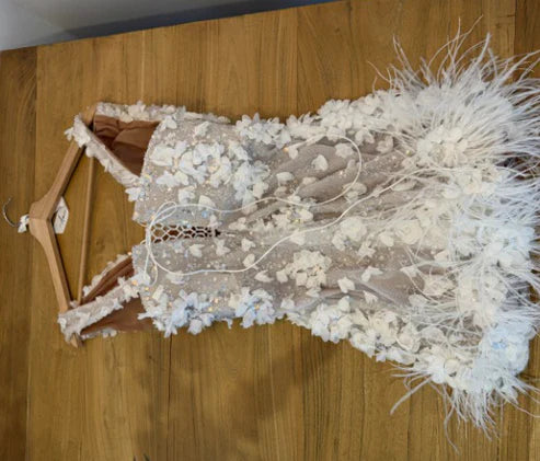 Elegant White Deep V Neck Sequined Floral Feather Fitted Birthday Dress Homecoming Dress cc4069