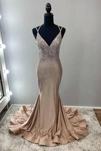 Sparkling Champagne Gold Mermaid V-neck Halter Top With Rhinestone Satin Train Prom Dress Evening Dress cc4852