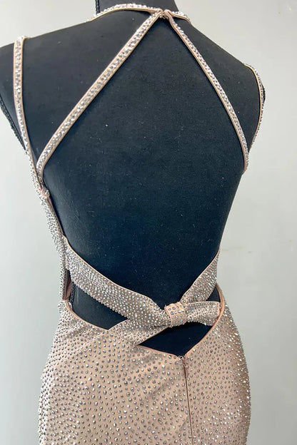 Sparkling Champagne Gold Mermaid V-neck Halter Top With Rhinestone Satin Train Prom Dress Evening Dress cc4852