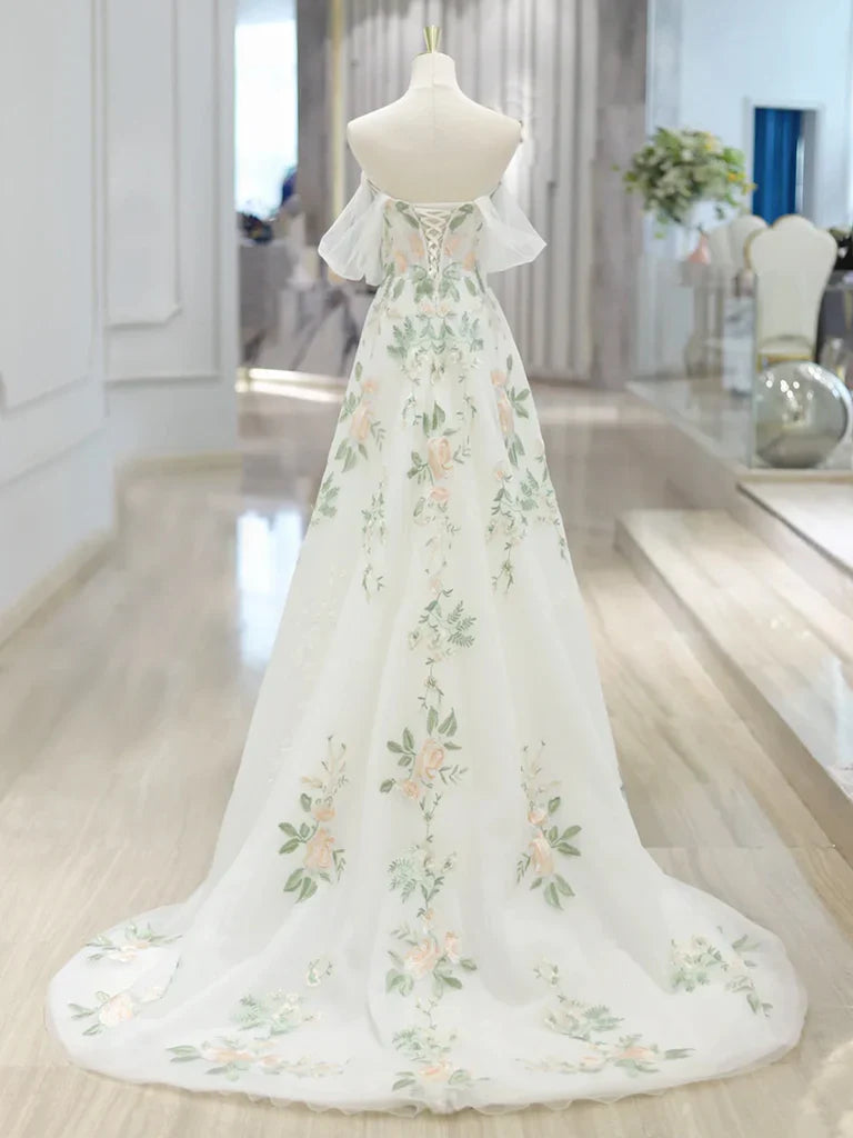 A-Line Off Shoulder Tulle Lace Applique White Long Prom Dress, White Long Formal Dress ED0600