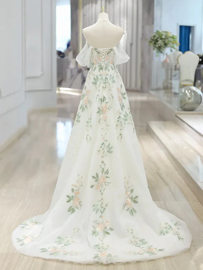 A-Line Off Shoulder Tulle Lace Applique White Long Prom Dress, White Long Formal Dress ED0600