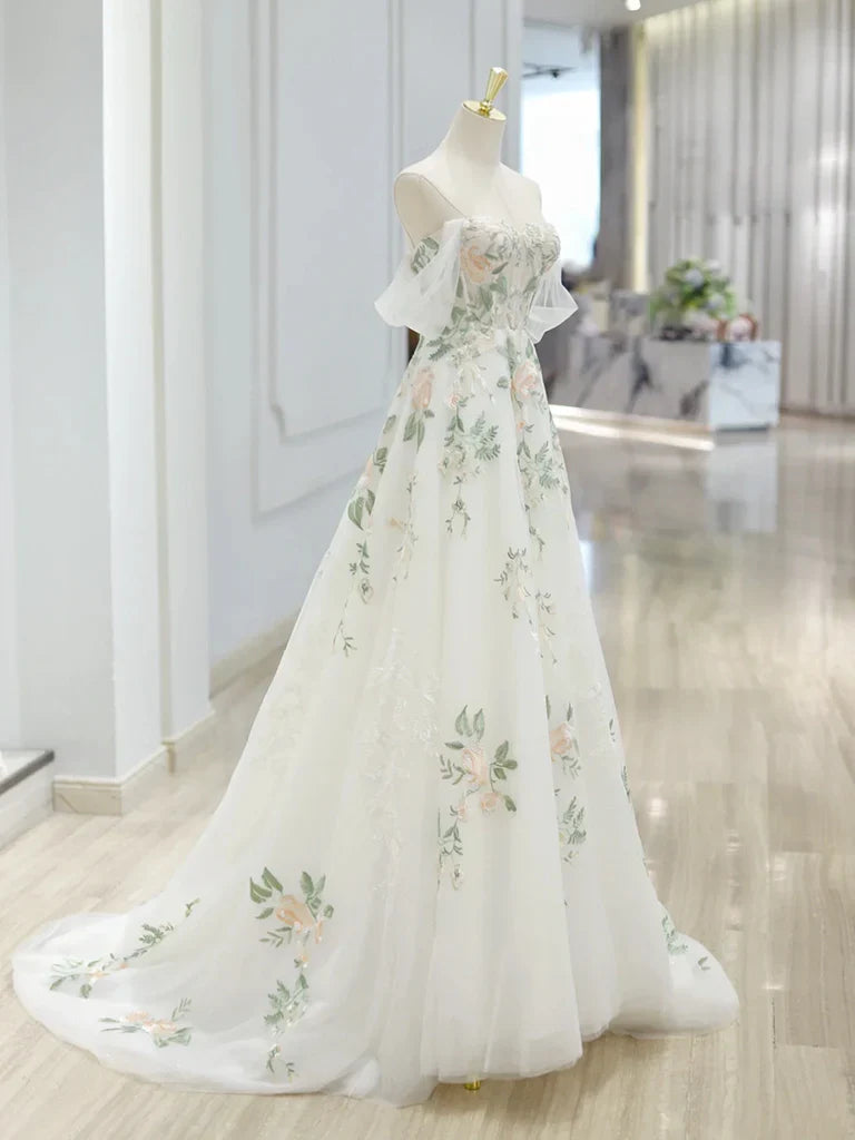 A-Line Off Shoulder Tulle Lace Applique White Long Prom Dress, White Long Formal Dress ED0600