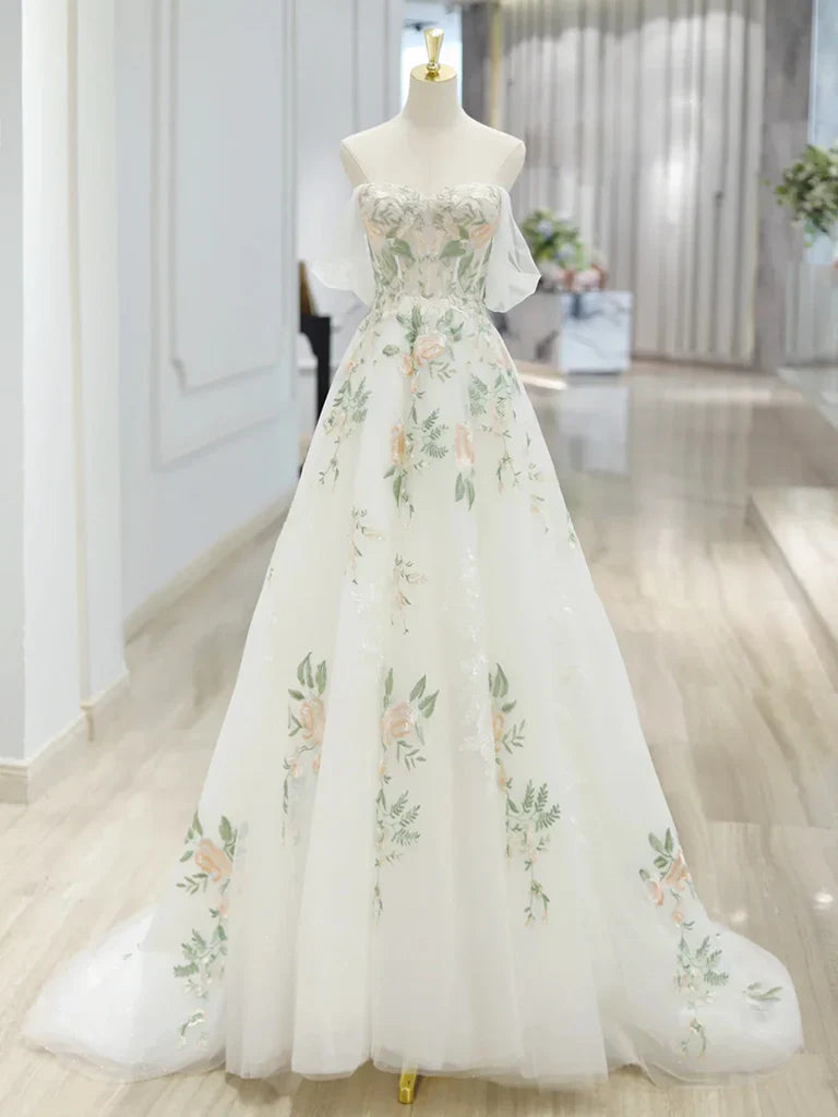A-Line Off Shoulder Tulle Lace Applique White Long Prom Dress, White Long Formal Dress ED0600