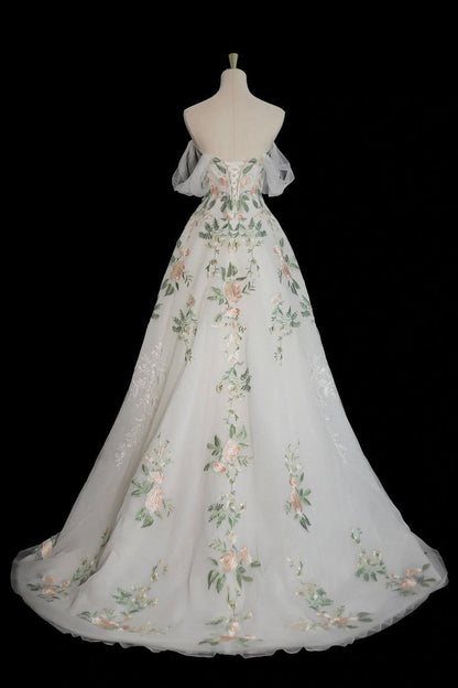 A-Line Off Shoulder Tulle Lace Applique White Long Prom Dress, White Long Formal Dress ED0600