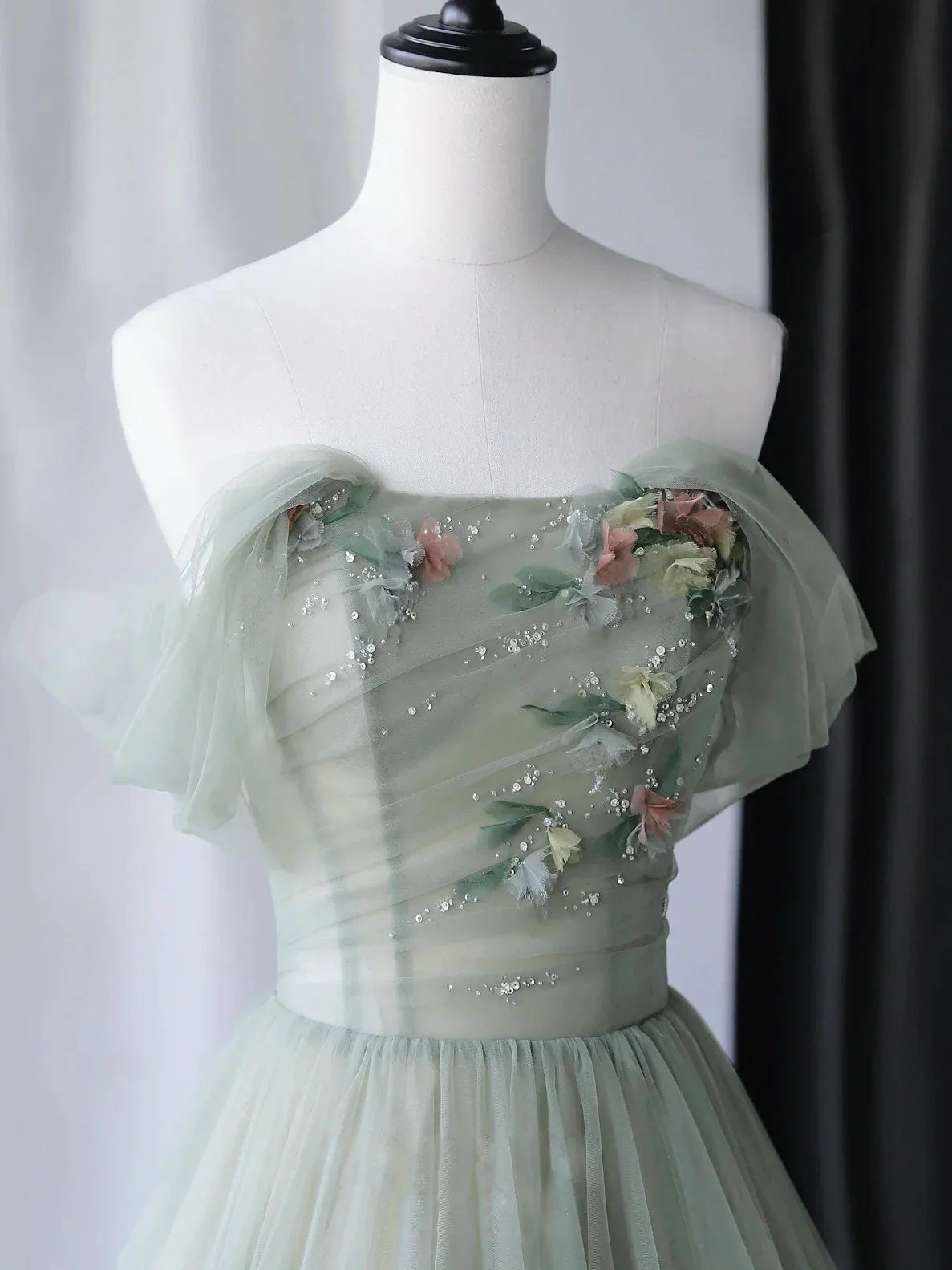 A-Line Green Tulle Long Prom Dresses, Green Formal Evening Dresses ED0731